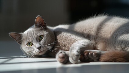 A graceful Korat cat with silvery-blue fur and bright green eyes lounges elegantly in sunlit surroundings, captured in exquisite photographic detail highlighting its poise and beauty.