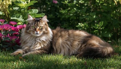 A majestic Maine Coon cat with silver, black, and rust fur lounges in a sunlit garden, surrounded by vibrant flowers and lush foliage, captured in exquisite, elegant detail.