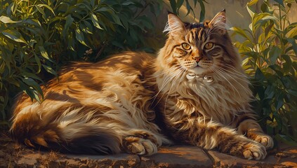A majestic Maine Coon cat with thick, fluffy fur lounges in a sunlit garden, captured in a detailed, vibrant oil painting highlighting its elegant markings and captivating gaze.