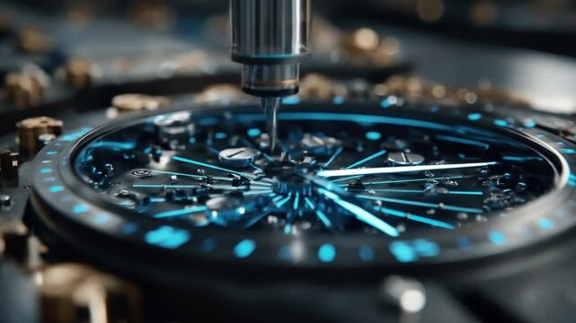 Intricate clockwork mechanism assembly with blue glowing elements, precision manufacturing, behind the scenes, timekeeping