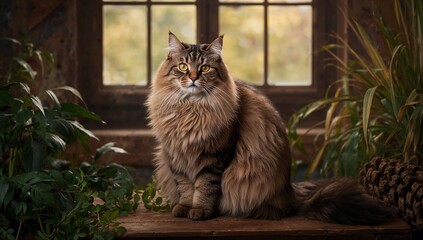 A majestic Norwegian Forest Cat with thick, fluffy fur and bright eyes sits on a wooden table amid lush plants, bathed in warm light, captured in a serene, rustic still life.