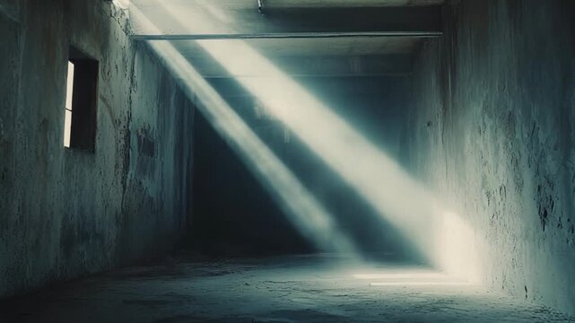 Sunlight beams piercing through open window into a decrepit dusty corridor, creating a dramatic atmosphere symbolizing hope, future, or a path forward through darkness and decay