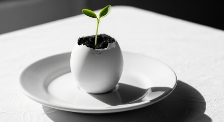Monochrome: a sprout breaking through an eggshell on a white plate, a symbol of new life and ecological concept. AI generated.
