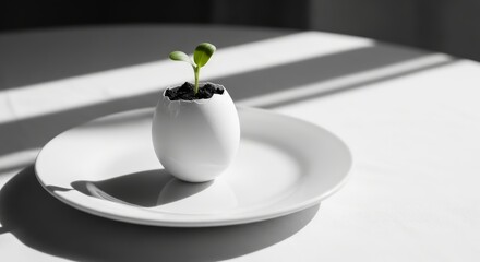 Monochrome: a sprout breaking through an eggshell on a white plate, a symbol of new life and ecological concept. AI generated.
