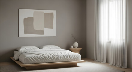 Fototapeta premium A serene and modern bedroom with a minimalist bed and a large window