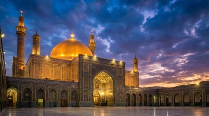 Golden Dome of Al-Askari Shrine at Sunset, Stunning Islamic Architecture and Blue Tilework in Samarra Iraq with Dramatic Evening Sky