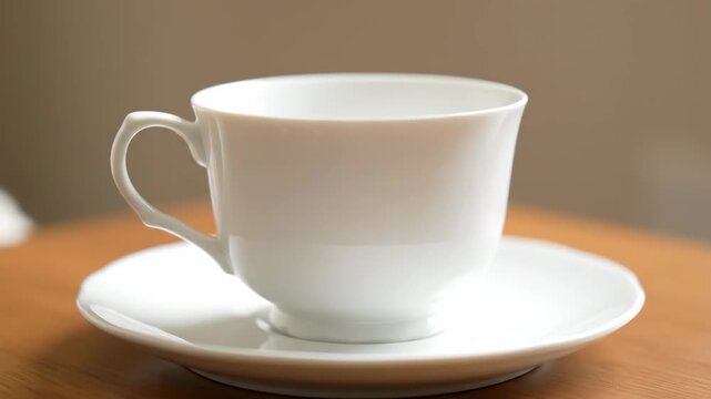 Elegant ceramic coffee cup on saucer with soft ceramic plate, minimal cafe table setup, hot beverage food concept