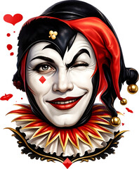 Digitale Illustration eines Joker-Narren mit Poker-Symbolen