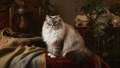A majestic Siberian cat with thick grey and white fur and striking blue eyes sits regally on a velvet cushion in a Russian-inspired interior, bathed in warm, golden light.