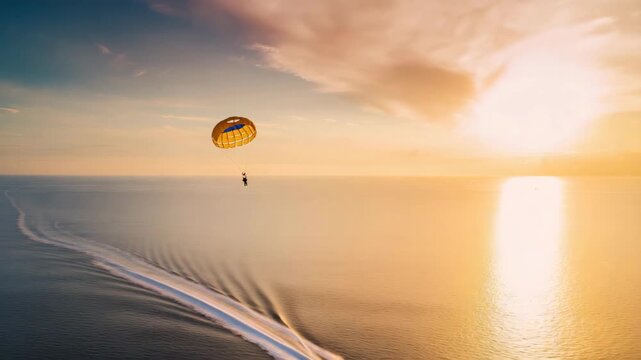 a parasailing parachute over the ocean at golden sunset, boat centered lower frame leaving a long curved white wake on calm  4K
