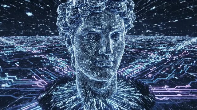 Sweeping drone-like aerial view over a vast glowing circuit board landscape where a monolithic digital sculpture of a classical head rises from the data flow epic, digital, circuit