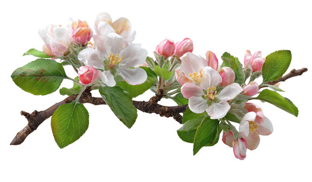 Blossoming apple branch with delicate white and pink flowers and green leaves