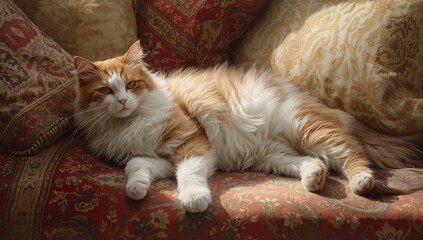 A Turkish Van cat with white and orange fur lounges in a sunlit, cozy room, captured in a lifelike, detailed painting showcasing elegance, beauty, and serene feline grace.