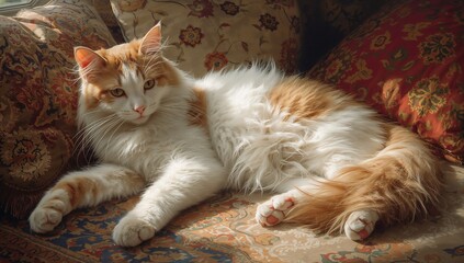 A Turkish Van cat with white and orange fur lounges in a sunlit, cozy room, captured in a lifelike, detailed painting showcasing elegance, beauty, and serene feline grace.