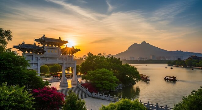 Serene Chinese Temple at Sunset Landscape.
