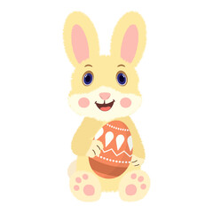 Fototapeta premium Vector element. Easter bunny holding decorated Easter egg. Isolated festive illustration perfect for spring holidays, greeting cards, kids designs, packaging, stickers. Cheerful Easter decorations.