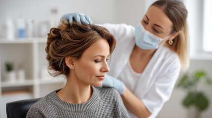 Fototapeta premium Side profile of healthcare provider wearing mask and gloves, examining patient's scalp in bright minimalist medical consultation room, medical examination scene, faceless provider