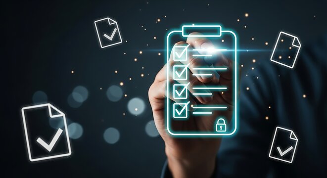 Hand interacting with glowing digital checklist and document on dark background to do list task management