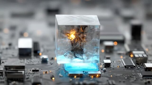 Ice cube cooling tech component on circuit board with glowing lights