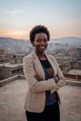 African Woman in Afro Chic Fashion on Urban Rooftop