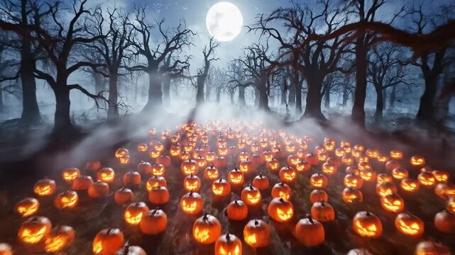 Sweeping aerial drone shot view over a glowing pumpkin patch nestled in a stylized haunted forest on a misty Halloween night digital animation, moody, wilderness