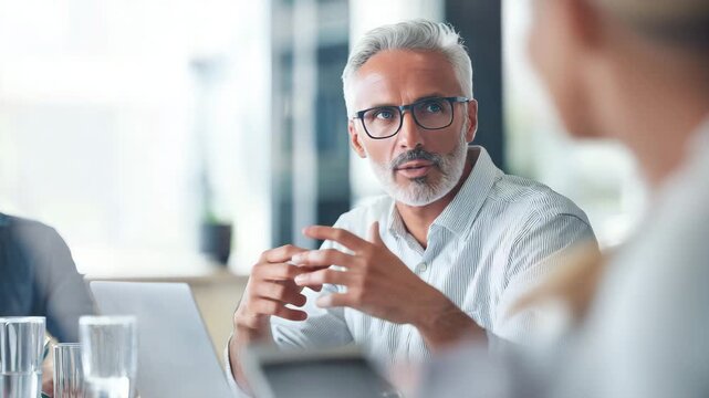 experienced business man with glasses leading a discussion, explaining ideas 4K