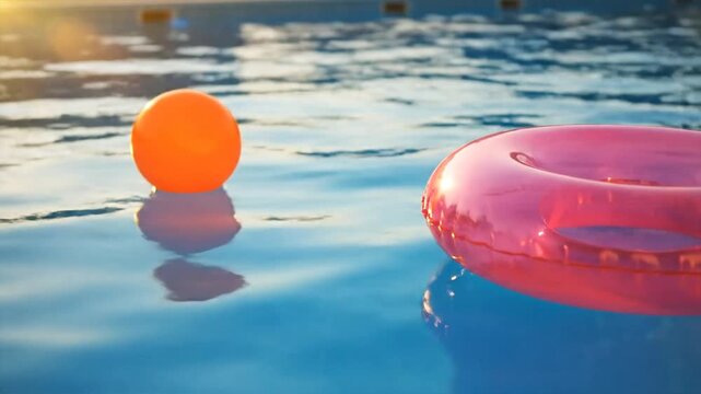 Orange ball and pink ring float in sunlight on smooth blue water