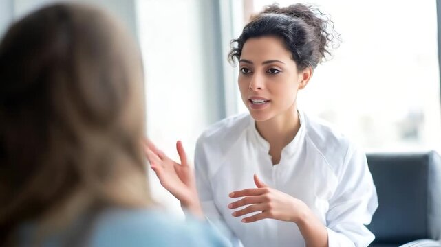 female medical assistant, explaining procedure, patient seated opposite, open hand gesture, calm emotion, confident  4K