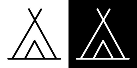 Minimalist vector icon of teepee tent. Flat linear design in black and white, symbol of camping, travel, outdoor adventure and nature. © IRYNA