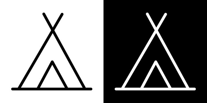 Minimalist vector icon of teepee tent. Flat linear design in black and white, symbol of camping, travel, outdoor adventure and nature.