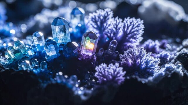 Macro Shot of Blue and Purple Crystals, Geode Formation, Abstract Mineral Texture