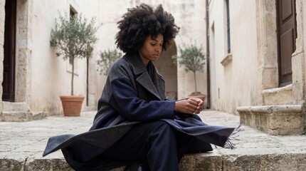 African Woman with Afro Hair in Oversized Afro Chic Coat