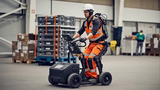 Industrial worker operating an advanced robotic exoskeleton in a modern warehouse for efficient logistics in bright studio.