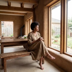 African Woman in Afro Chic Dress in Minimalist Interior
