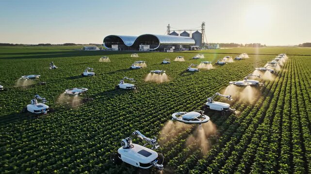 Sweeping drone shot over vast green futuristic fields where multiple autonomous agricultural robots efficiently cultivate and water rows of crops earth restoration, future farm, modern farming