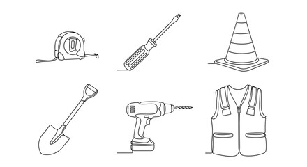 Construction tools and safety equipment in outline style  