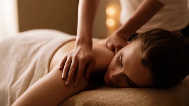 professional massage therapy session, client lying face down on massage table, body covered with towel (non-sexual), therapist hands working on upper back and   4K