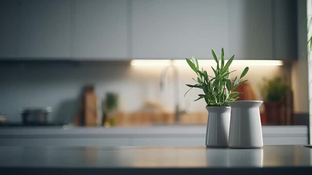 Green plants in white ceramic pots decorating a clean, contemporary kitchen countertop, showcasing a modern home interior with blurred sink and cabinets in the background