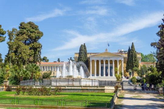 Neoclassical Architecture of Zappeion Megaron in Athens Greece Featuring Iconic Yellow Facade White Marble Columns and Monumental Fountain in the National Gardens