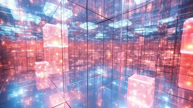 Futuristic infinity mirror room with glowing neon cubes. A sci-fi background for metaverse and virtual reality projects.