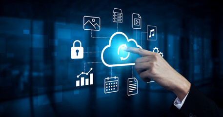 Obraz premium A user interacts with a futuristic cloud computing interface, showcasing data security icons, analytics charts, and multimedia options in a modern digital workspace. Gantry