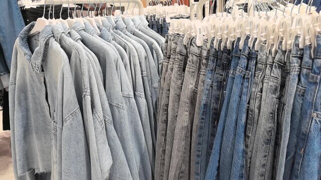 Discover a stunning array of denim jackets and jeans in a lively clothing store. Bright lighting highlights various styles and colors that catch the eye, inviting shoppers to explore.