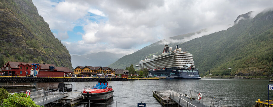 Flam, Norway - August 20, 2025 - The TUI cruise ship Mein Schiff in the harbor of Flam in Auflandsfjord