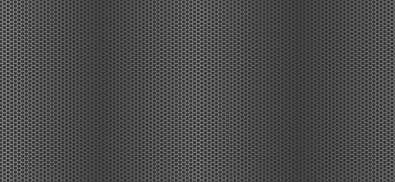 Grey hexagonal mesh texture background with metallic honeycomb pattern. Abstract industrial steel grate surface for tech wallpaper, automotive design, and modern corporate backdrop. Seamless metal net