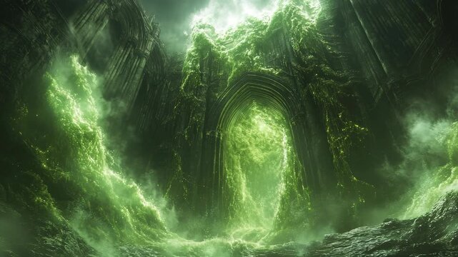 Majestic dark gothic portal with swirling green magic energy. A cinematic fantasy background for gaming and horror intros.