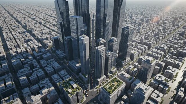 Stylized aerial view of generic modern city blocks geometric layout forming an abstract pattern suggesting dense urban development town, metropolis, down