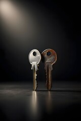 Youth and Aging Concept with New and Old Key on Dark Background