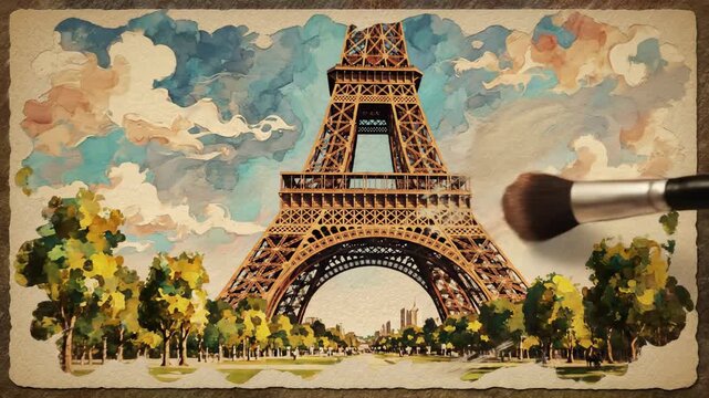 Stylized impressionist animation of the Eiffel Tower and surrounding park landscape painted with textured watercolor brushes evoking an aged, romantic postcard handdrawn, monument, culture