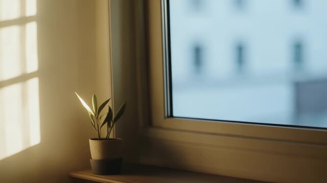 Sunlight creating a geometric window shadow pattern on a warm beige wall, illuminating a small potted plant, evoking a peaceful and calm domestic scene
