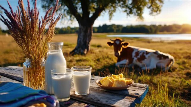 Fresh natural dairy milk and golden butter on a rustic wooden table. A peaceful bovine animal rests in a sunlit green pasture near still water.